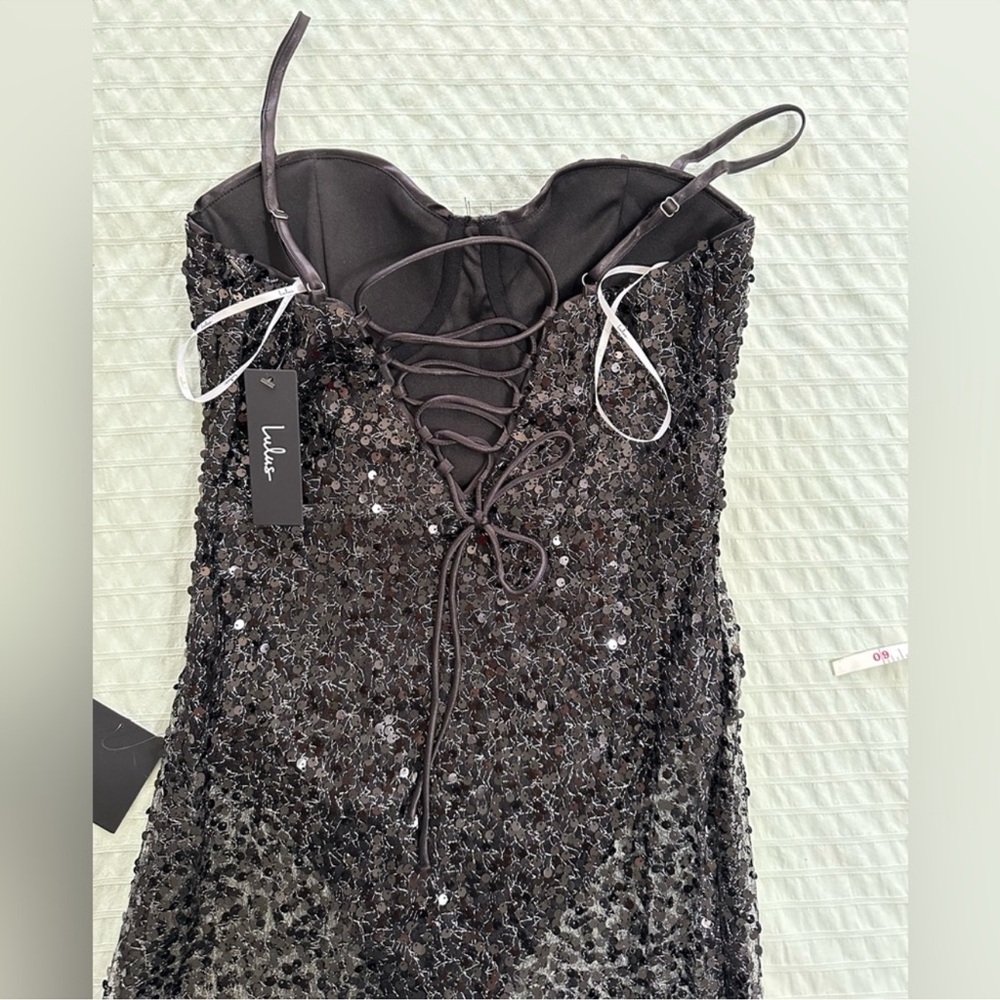 NWT Lulu’s Enticing Mindset Black Sheer Mesh Sequin Lace-Up Maxi Dress - Medium - Picture 9 of 14